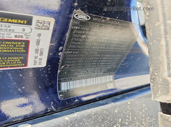 SALWR2RV6KA839571 2019 LAND ROVER RANGE Синий Вид наклейки с VIN-кодом