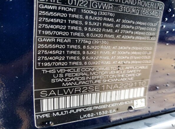 SALWR2SE1NA229110 2022 LAND ROVER RANGE Синий 
