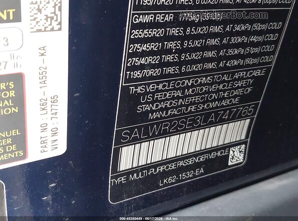 SALWR2SE3LA747765 2020 LAND ROVER RANGE ROVER SPORT Blue Вид підкапотного простору