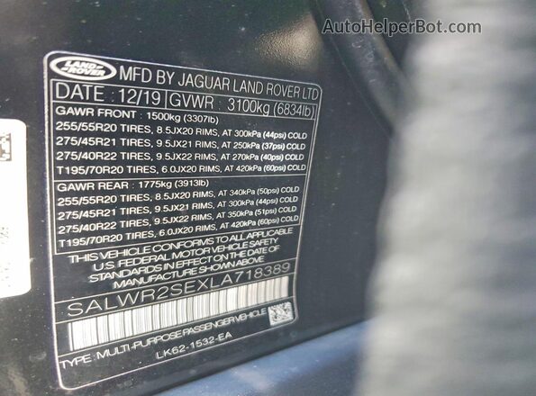 SALWR2SEXLA718389 2020 LAND ROVER RANGE Black Widok naklejki z numerem VIN
