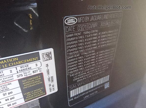 SALWR2SU0MA788332 2021 LAND ROVER RANGE Black VIN կոդի պիտակի տեսք
