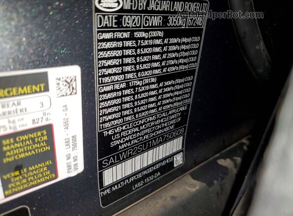 SALWR2SU1MA750608 2021 LAND ROVER RANGE Gray VIN sticker view