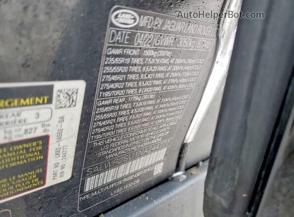 SALWR2SU1NA244777 2022 LAND ROVER RANGE Черный Вид наклейки с VIN-кодом
