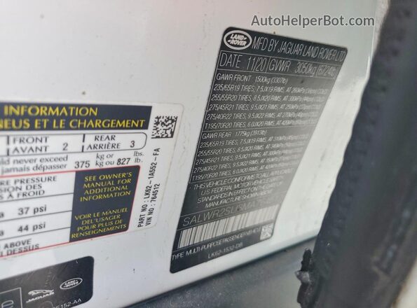 SALWR2SU3MA764512 2021 LAND ROVER RANGE Белый Вид наклейки с VIN-кодом