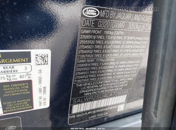 SALWR2SU4LA728598 2020 LAND ROVER RANGE ROVER SPORT Blue Widok komory silnika