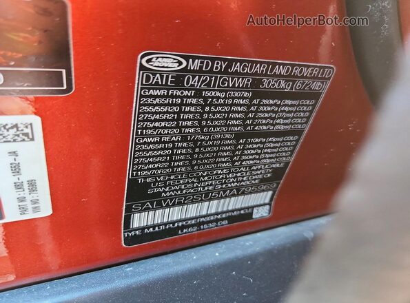 SALWR2SU5MA795969 2021 LAND ROVER RANGE Red VIN sticker view