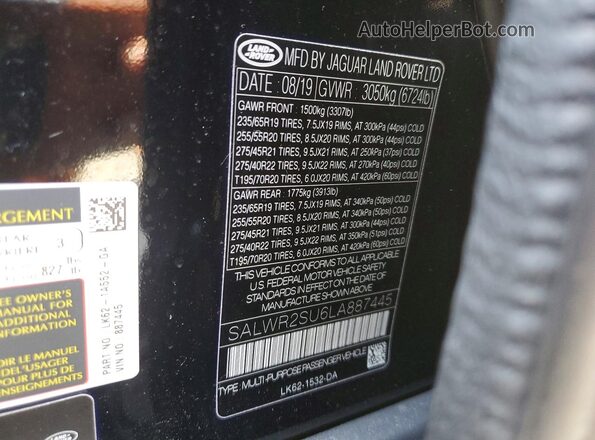 SALWR2SU6LA887445 2020 LAND ROVER RANGE Black 