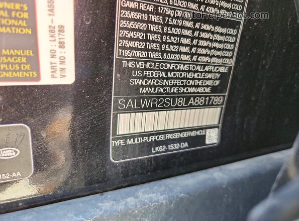 SALWR2SU8LA881789 2020 LAND ROVER RANGE Black Engine compartment view