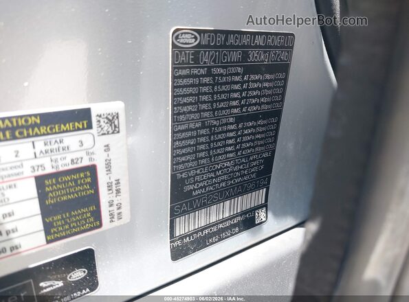 SALWR2SUXMA796194 2021 LAND ROVER RANGE ROVER SPORT Silver Vista del compartimento del motor
