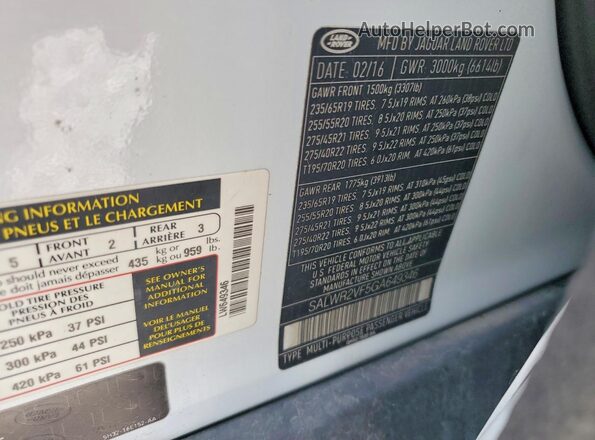 SALWR2VF5GA649346 2016 LAND ROVER RANGE White Вид наклейки з VIN-кодом