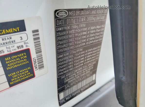 SALWR2VF8GA576621 2016 LAND ROVER RANGE Белый 
