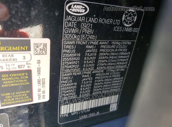 SALWS2RU0NA210372 2022 LAND ROVER RANGE Black VIN sticker view