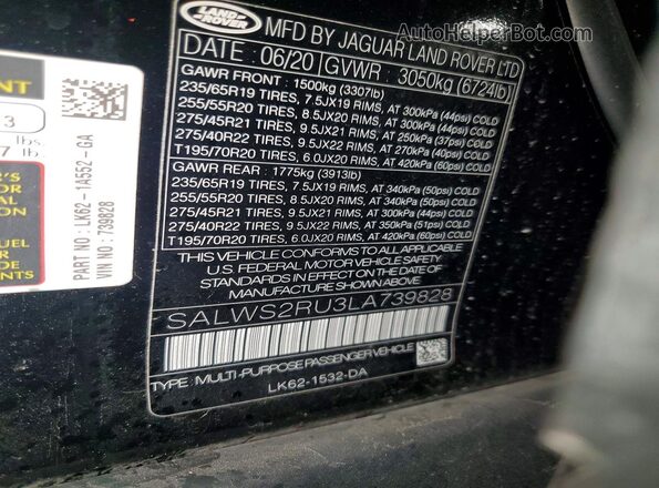 SALWS2RU3LA739828 2020 LAND ROVER RANGE Black VIN sticker view