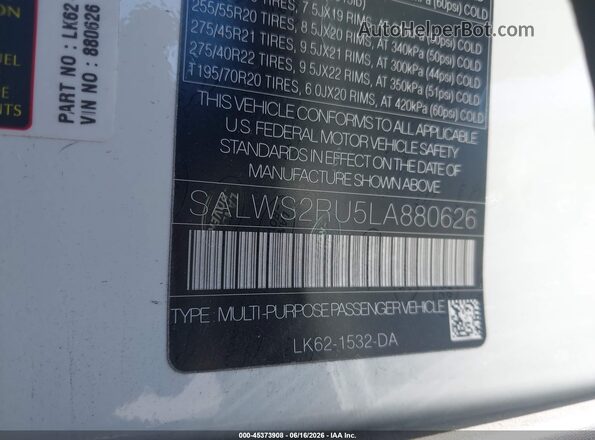 SALWS2RU5LA880626 2020 LAND ROVER RANGE ROVER SPORT White Engine compartment view
