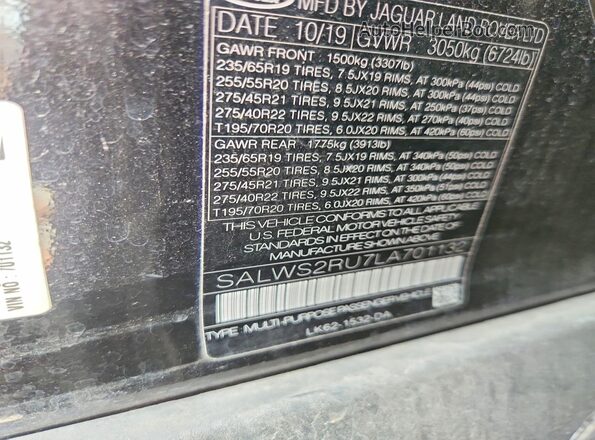 SALWS2RU7LA701132 2020 LAND ROVER RANGE Black 