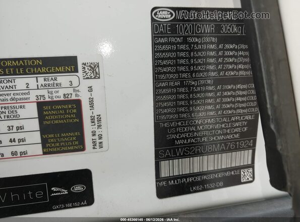 SALWS2RU8MA761924 2021 LAND ROVER RANGE ROVER SPORT White Vista del compartimento del motor