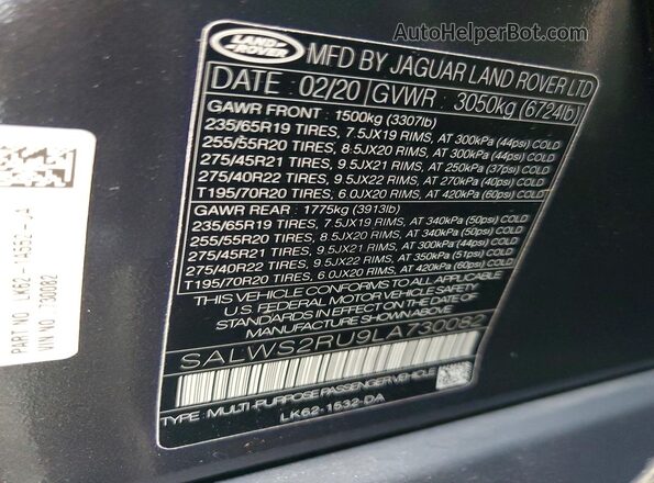 SALWS2RU9LA730082 2020 LAND ROVER RANGE Black 