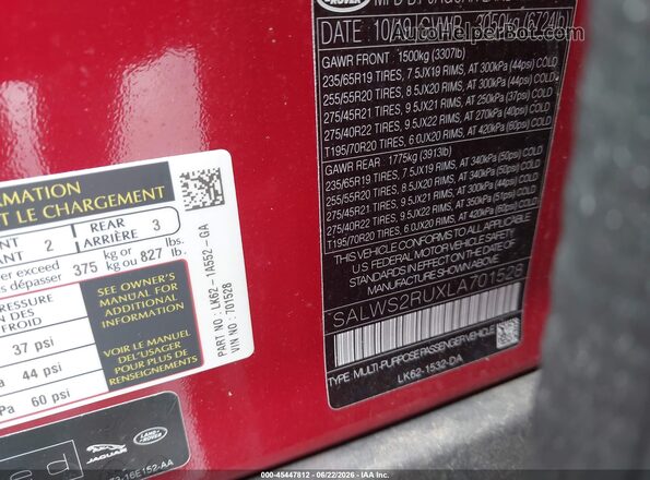 SALWS2RUXLA701528 2020 LAND ROVER RANGE ROVER SPORT Red Շարժիչի բաժամունքի տեսք
