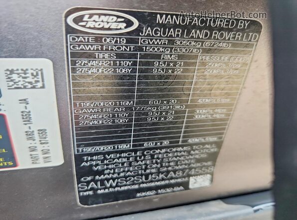 SALWS2SU5KA874558 2019 LAND ROVER RANGE Gray VIN կոդի պիտակի տեսք