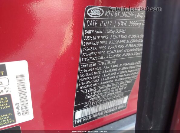 SALWV2FV6HA144659 2017 LAND ROVER RANGE ROVER SPORT Red Vista del compartimento del motor