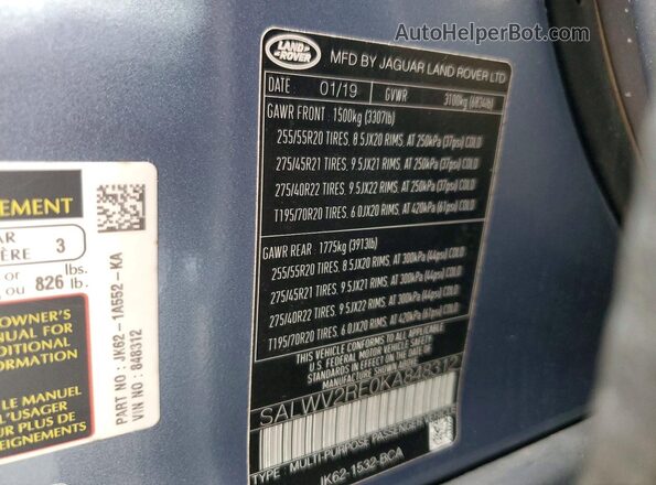 SALWV2RE0KA848312 2019 LAND ROVER RANGE Gray 