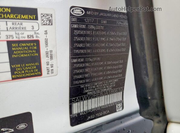 SALWV2RE8JA186610 2018 LAND ROVER RANGE White Widok naklejki z numerem VIN