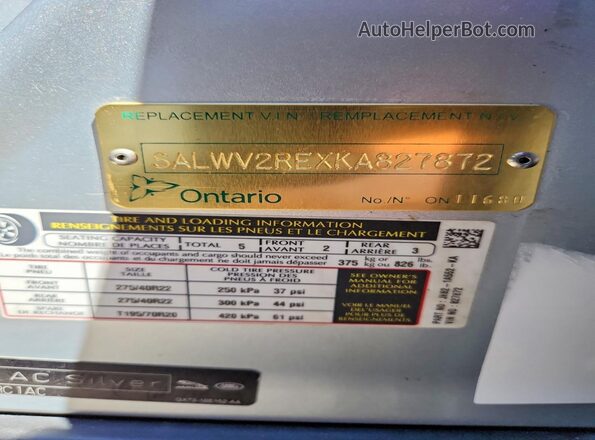 SALWV2REXKA827872 2019 LAND ROVER RANGE Silver VIN sticker view