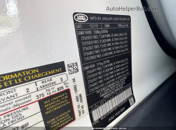 SALWV2SV1KA420386 2019 LAND ROVER RANGE ROVER SPORT White ძრავის განყოფილების ხედი