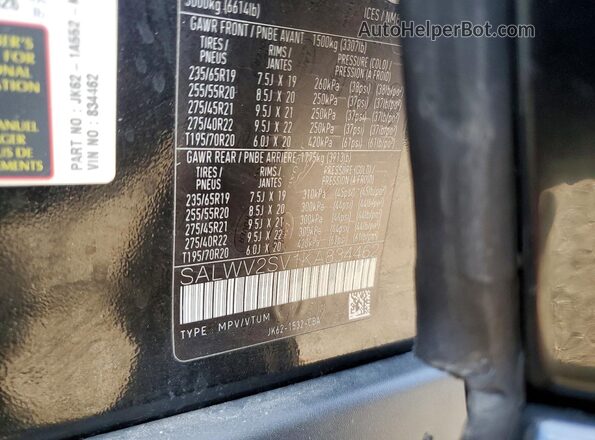 SALWV2SV1KA834462 2019 LAND ROVER RANGE Черный Вид наклейки с VIN-кодом