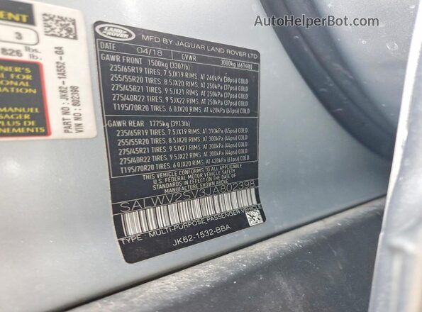 SALWV2SV3JA802398 2018 LAND ROVER RANGE Серебряный Вид подкапотного пространства