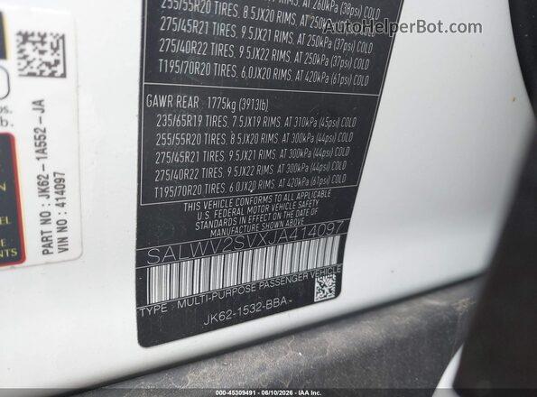 SALWV2SVXJA414097 2018 LAND ROVER RANGE ROVER SPORT White Vista del compartimento del motor