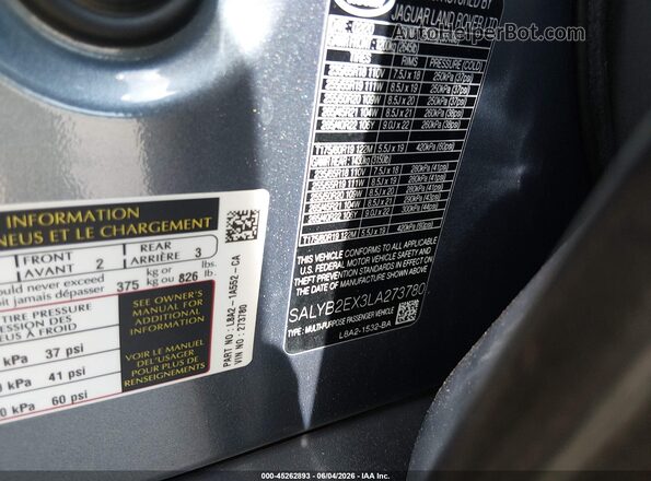 SALYB2EX3LA273780 2020 LAND ROVER RANGE ROVER VELAR Синий Вид подкапотного пространства