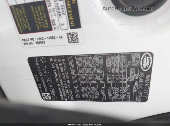 SALYB2EX6LA286622 2020 LAND ROVER RANGE ROVER VELAR White Vista del compartimento del motor