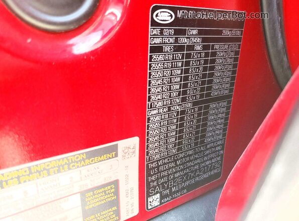 SALYB2EX7KA217792 2019 LAND ROVER RANGE Red VIN კოდის სტიკერის ხედი