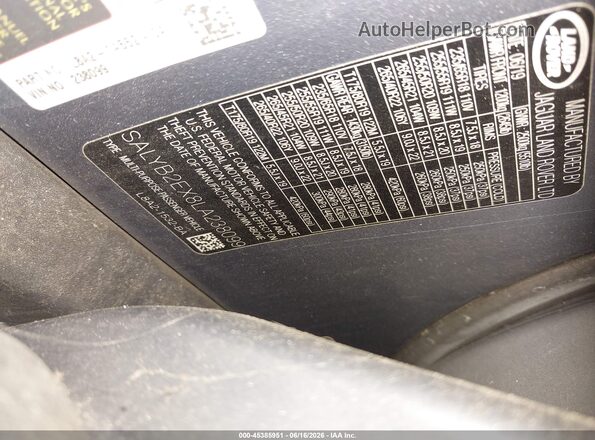 SALYB2EX8LA238099 2020 LAND ROVER RANGE ROVER VELAR Blue Vista del compartimento del motor