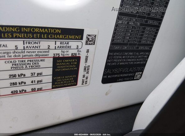 SALYB2FV0LA257873 2020 LAND ROVER RANGE ROVER VELAR Белый 