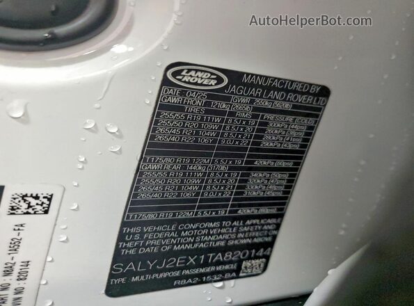 SALYJ2EX1TA820144 2026 LAND ROVER RANGE White Vista del compartimento del motor