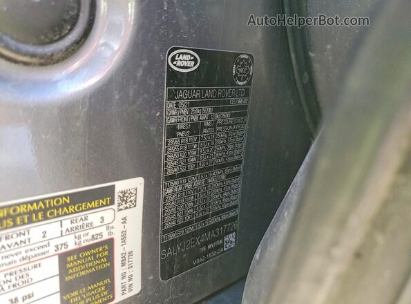 SALYJ2EX4MA317726 2021 LAND ROVER RANGE Gray 