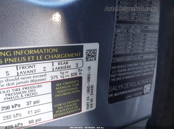 SALYK2EX0LA244432 2020 LAND ROVER RANGE ROVER VELAR Blue ძრავის განყოფილების ხედი
