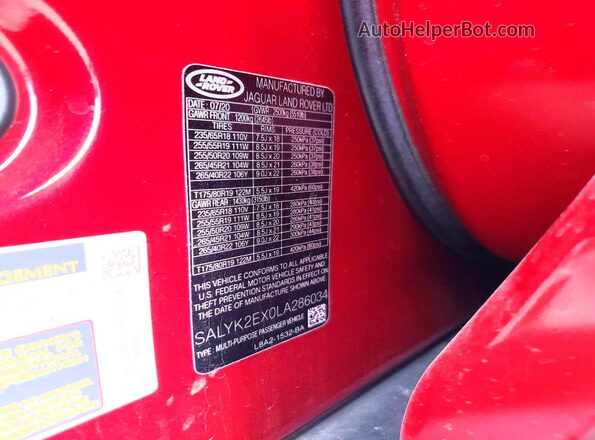 SALYK2EX0LA286034 2020 LAND ROVER RANGE Red Widok naklejki z numerem VIN