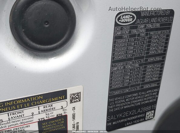 SALYK2EX2LA288819 2020 LAND ROVER RANGE ROVER VELAR Белый Вид подкапотного пространства