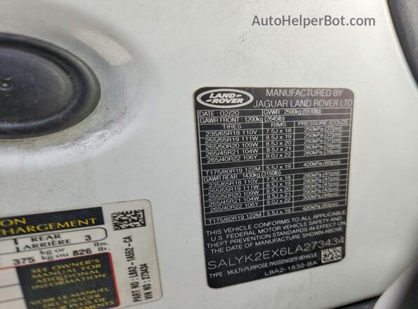 SALYK2EX6LA273434 2020 LAND ROVER RANGE White სალონის 360-გრადუსიანი ხედი