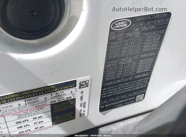 SALYK2EX6LA285258 2020 LAND ROVER RANGE ROVER VELAR White Widok komory silnika