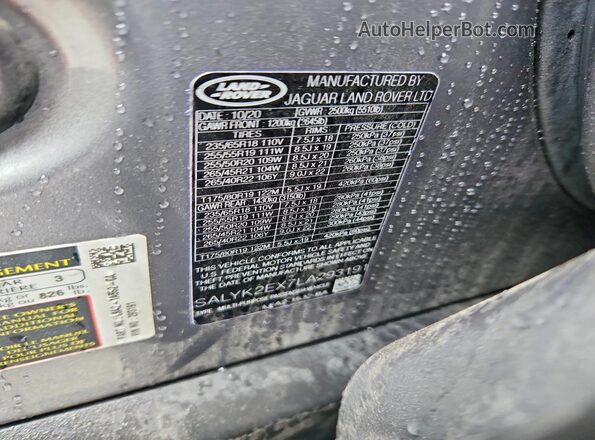 SALYK2EX7LA293191 2020 LAND ROVER RANGE Charcoal VIN sticker view