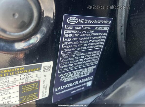 SALYK2EX9LA288252 2020 LAND ROVER RANGE ROVER VELAR Black Вид підкапотного простору