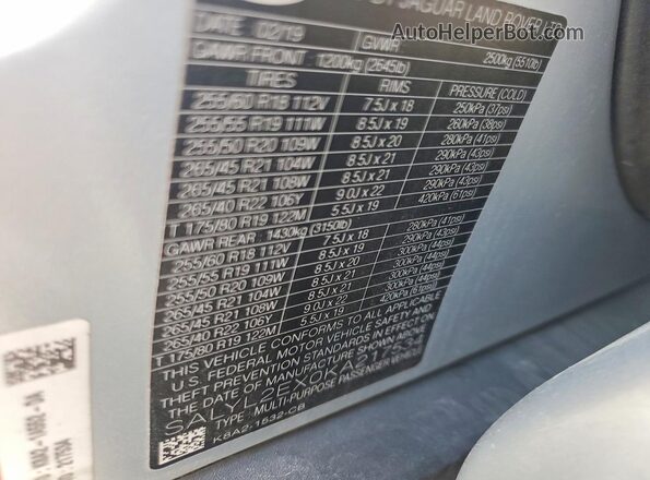 SALYL2EX0KA217534 2019 LAND ROVER RANGE Silver VIN კოდის სტიკერის ხედი