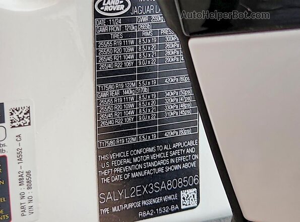SALYL2EX3SA808506 2025 LAND ROVER RANGE White Vista interior de 360 grados