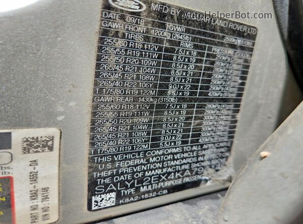 SALYL2EX4KA794146 2019 LAND ROVER RANGE Бежевый 