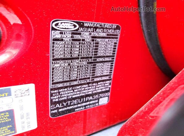SALYT2EU1PA357699 2023 LAND ROVER RANGE Red VIN კოდის სტიკერის ხედი