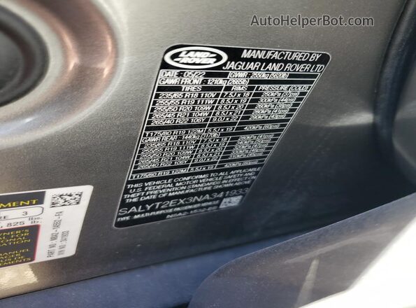 SALYT2EX3NA341933 2022 LAND ROVER RANGE Gray 